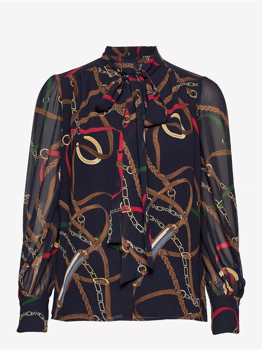Lauren Ralph Lauren Navy Chain & Rope Print Tie-Neck Blouse